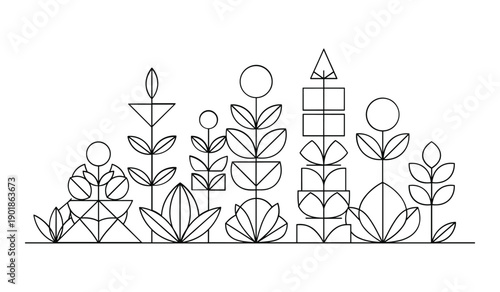 Line Collection Various Houseplants In Pots And Garden Tools On Ground lineart gardening