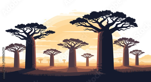 A striking illustration of a grove of majestic baobab trees silhouetted against a warm, hazy sunset.