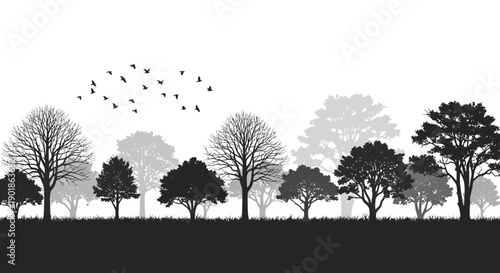 A monochrome silhouette of a diverse forest with various trees and a flock of birds flying in the sky.