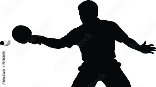 Silhouette of a table tennis player hitting a ball with a paddle, isolated on white. Dynamic sport action illustration.