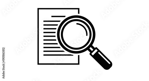 A black and white illustration of a magnifying glass hovering over a document.