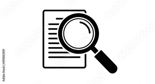 A black and white illustration of a magnifying glass hovering over a document.