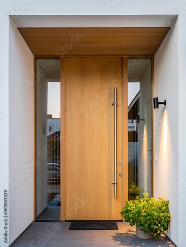 Modern home entrance with warm exterior lighting, stylish plants, and contemporary architecture, featuring a wood front door, minimalist design, and inviting luxury residential facade.