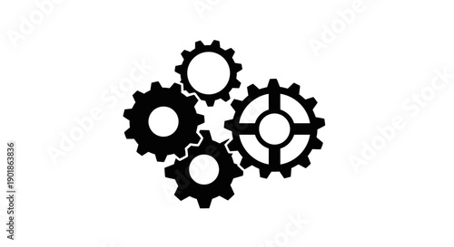 A black and white illustration of four interlocking gears, symbolizing mechanical engineering and teamwork.