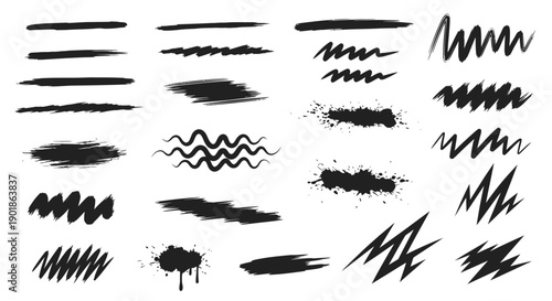 A collection of various black brush stroke and ink splatter graphic elements on a white background.