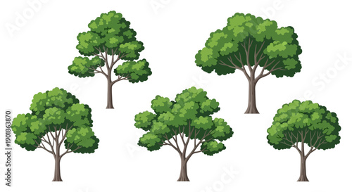 A collection of five stylized green trees with brown trunks, presented against a white background.