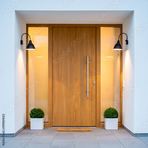 Modern home entrance with warm exterior lighting, stylish plants, and contemporary architecture, featuring a wood front door, minimalist design, and inviting luxury residential facade.