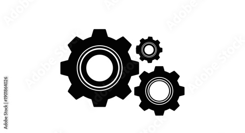 Three black gears of varying sizes are arranged in a dynamic composition against a white background, symbolizing mechanical connection and teamwork.