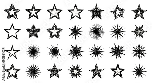 A collection of various star shapes, including outlined, filled, and spiky designs, presented in a grid layout.
