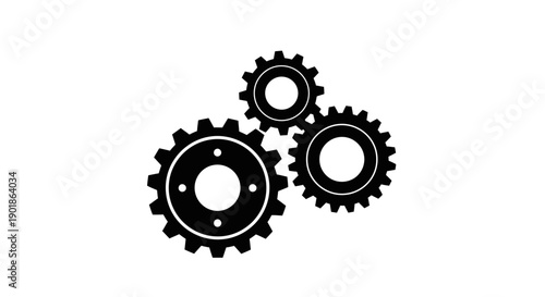Three interlocking black gears of varying sizes, symbolizing mechanical connection and industry.