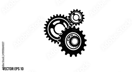 A black and white illustration of three interlocking gears of varying sizes, symbolizing mechanical connection and engineering.
