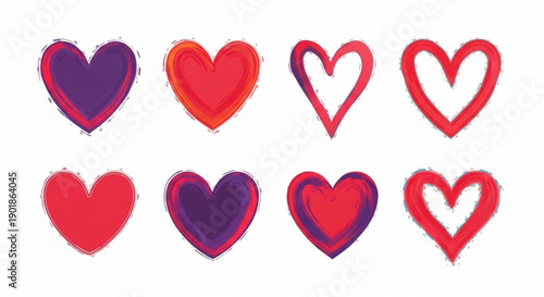 Colorful heart shapes in red purple and pink hues on white background for love and valentine's day concepts
