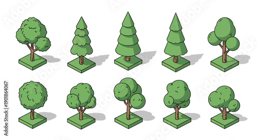 A collection of ten isometric cartoon trees, including deciduous and coniferous varieties, presented on a white background.