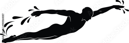 Dynamic silhouette of a swimmer in mid-stroke, water splashing, isolated on white. Represents speed and athletic achievement.