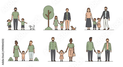 Diverse families with children and pets depicted in a series of illustrations, showcasing different family structures and ethnicities.