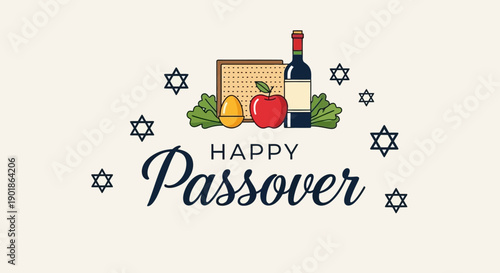 Happy Passover greeting with traditional Seder plate items and Star of David symbols.