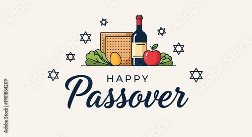 Happy Passover greeting with traditional symbols like matzah, wine, apple, and egg, surrounded by Star of David.