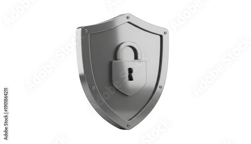A silver shield with a centered padlock symbol representing security and protection on transparent background
