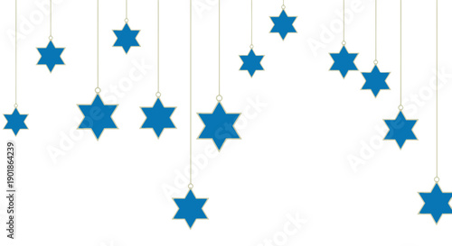 A collection of blue Star of David ornaments hanging on strings against a white background, creating a festive and symbolic display.