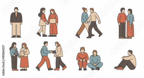 Collection of diverse people in various social interactions and solitary poses, rendered in a minimalist, flat design style.