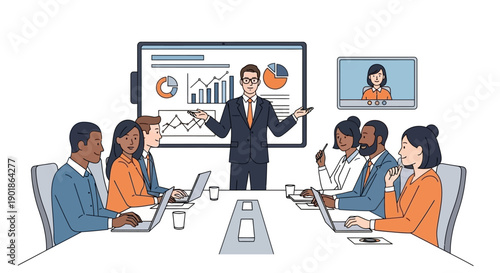 A diverse group of professionals participates in a hybrid business meeting, with some present in person and others joining remotely via video conference.