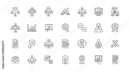 A collection of line art icons representing various business and human resources concepts, including teamwork, analytics, and growth.
