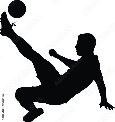 Dynamic silhouette of a soccer player performing a bicycle kick, isolated on white background. Action sport concept.
