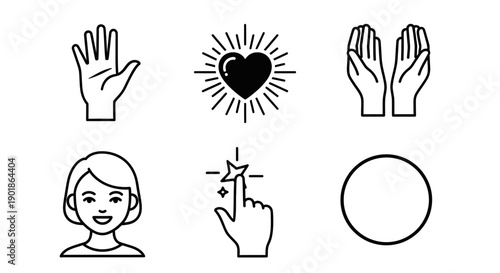 A collection of six simple black and white line art icons depicting a hand, a heart, praying hands, a person's face, a finger touching a star, and a circle.