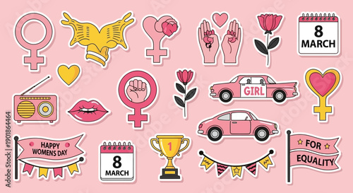 A collection of pink stickers celebrating International Women's Day with symbols of empowerment and femininity.