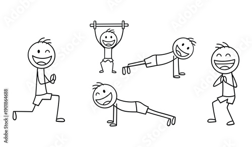 Simple Black and White Line of People Laughing While Lifting and Lying with Dumbbells