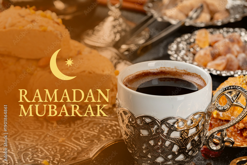 Fototapeta premium Celebration of Ramadan with coffee and sweets during evening gathering