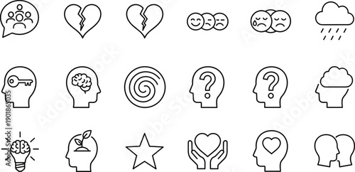 Mental health and psychology line icons set, emotional wellbeing therapy concepts including stress anxiety relationships mindset support and human feelings symbols