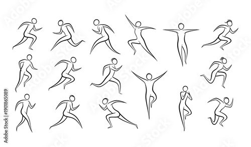 Black Line Drawing Human Figures, Performing Dynamic Movements and Stretches, Silhouette Style