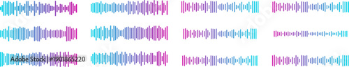 Colorful gradient podcast sound wave visualization with blue purple pink frequency bars for audio interfaces. Dynamic waveform patterns for music streaming apps, recording software or media players.