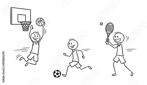 Three Stick Figure Athletes Playing Basketball Soccer and Tennis in Sequential Line