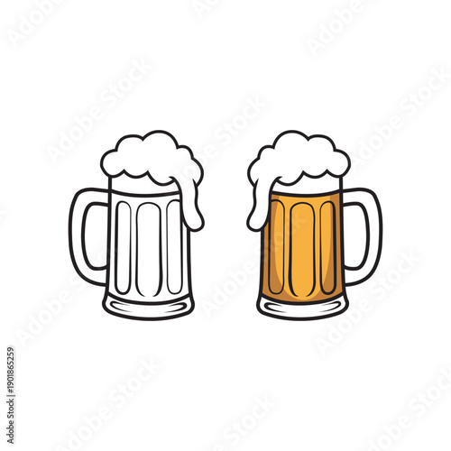 Two beer mugs vector illustration. Doodle style pint of lager with foam. Black and white outline and color version