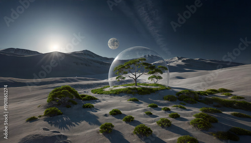 Sci-fi space colony concept showing terraforming and plant cultivation on a moon-like landscape. Oasis