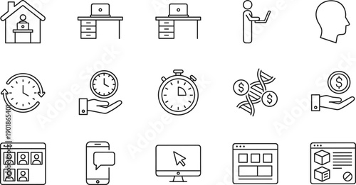 Remote work and productivity line icons set, home office time management digital communication workflow business technology symbols