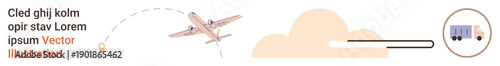 Logistics, transportation, delivery process, global shipping, freight systems, supply chains. Airplane flying with dotted route and cloud, transitioning to a delivery truck. Logistics