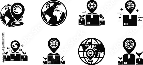 Black and white of global delivery and location markers location delivery global shipping