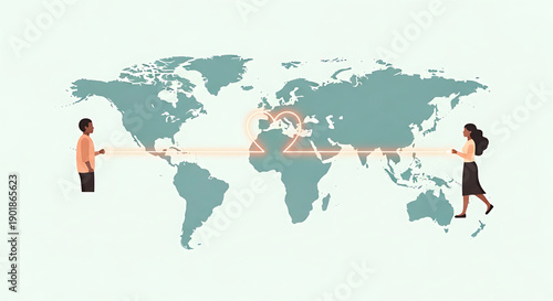 Global connection illustration of two individuals connected across the world with a glowing orange line representing communication and technology