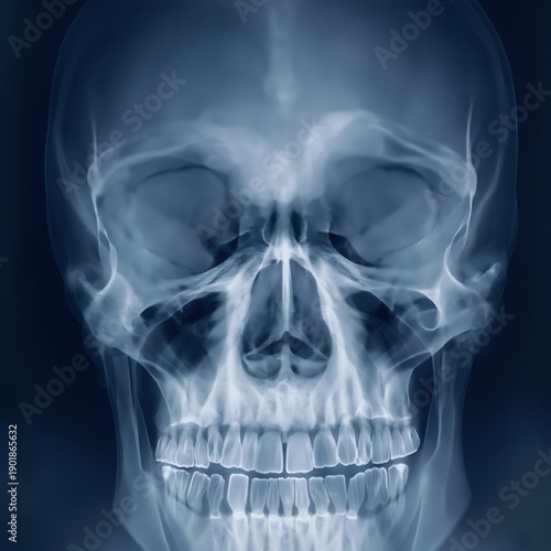 Xray image of a human skull with teeth and jawbone visible clearly transparent background