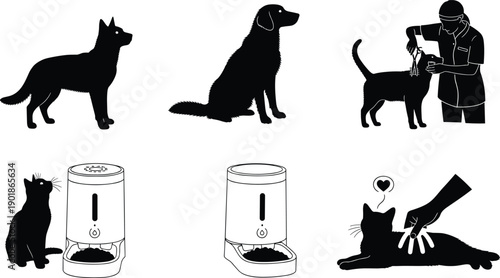 Black silhouettes of dogs and cats with feeders and a vet animal
