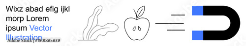 Physics, magnetism, attraction, connectedness, food science, natural forces. A magnet pulling an apple and a leaf toward it. Magnetism and attraction concepts for educational and scientific