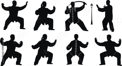 Black silhouettes of people practicing martial arts in various stances white background