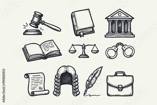 Vintage Law and Justice Icons Set in Sketch Style
