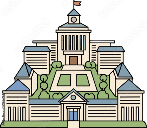 University campus building illustration icon, education institution architecture with academic blocks garden pathway for learning college vector design