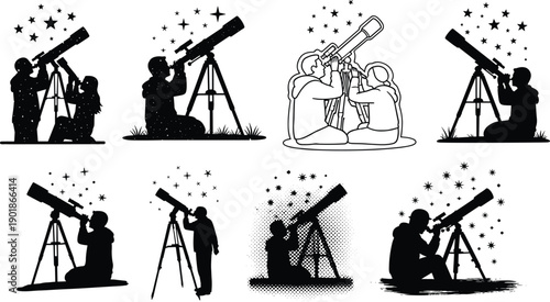 People looking through telescopes at night sky with stars stargazing