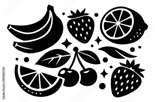 Graphic fruit and berry set featuring bananas, strawberries, lemons, and cherries for summer designs