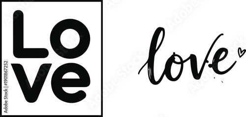 Vector illustration set featuring two distinct typographic designs for the word "Love." 